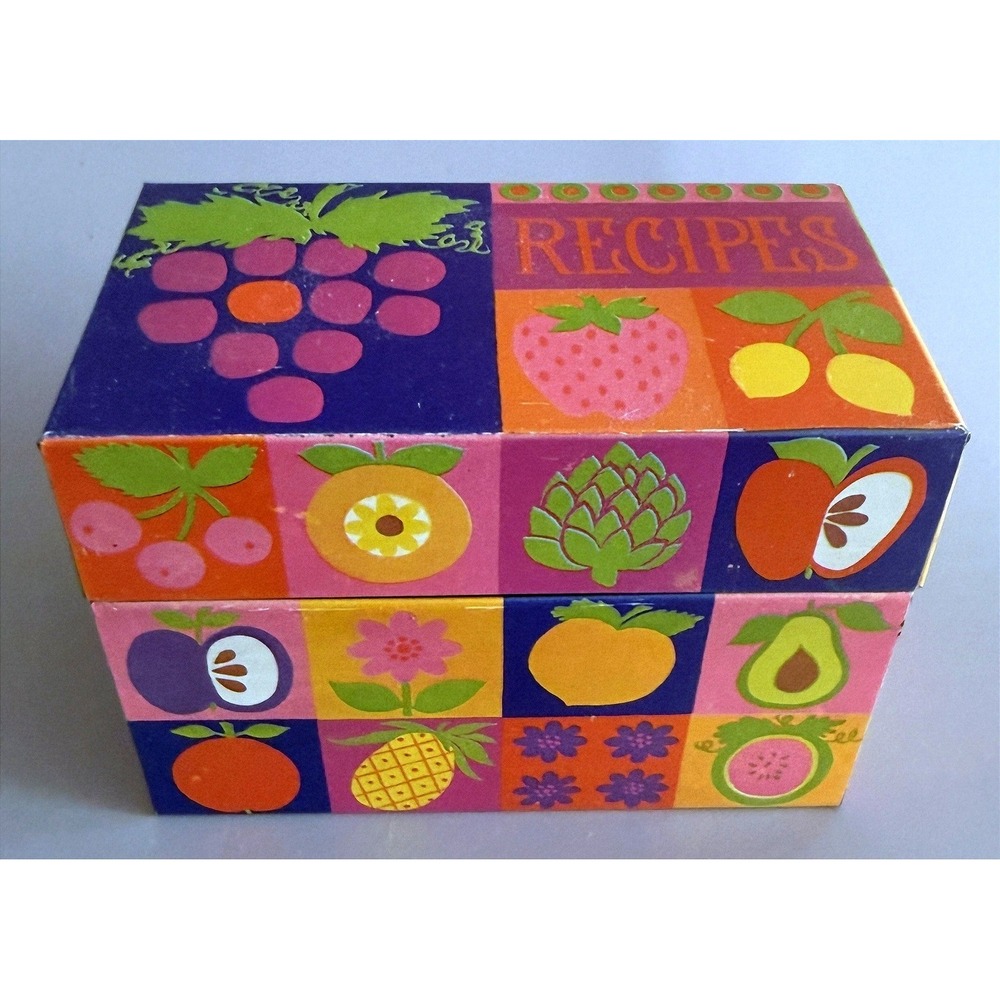 Tin Recipe Box Vtg 70s Bright Fruit, Flowers Hallmark Dividers Recipe Cards Incl